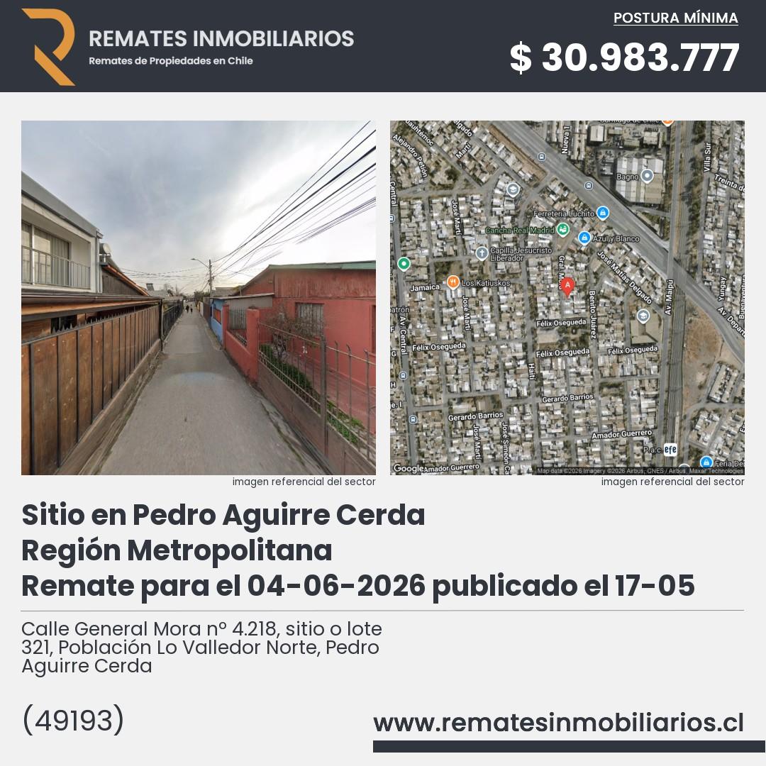 Imagen ficha Calle General Mora nº 4.218, sitio o lote 321, Población Lo Valledor Norte, Pedro Aguirre Cerda