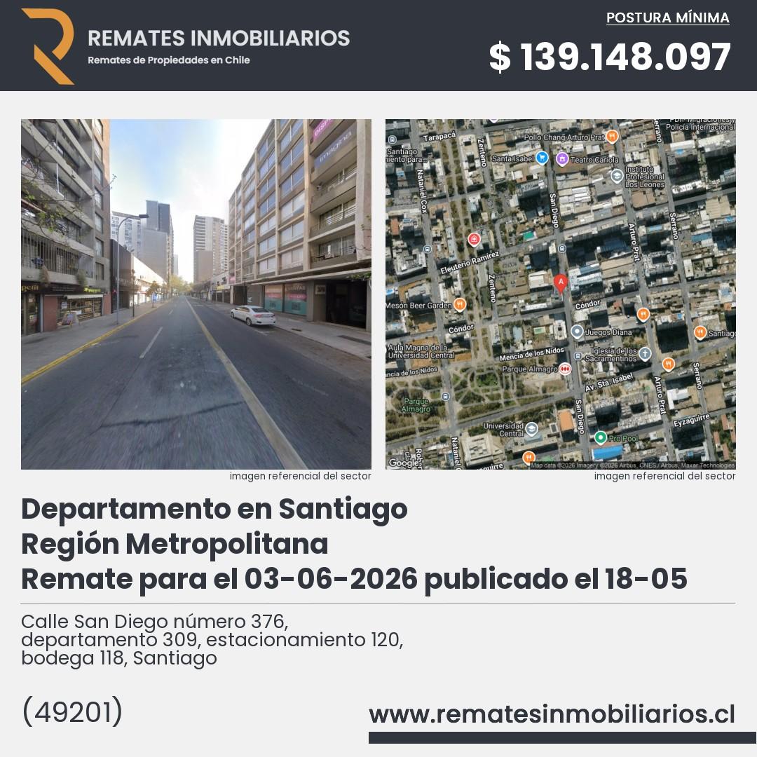 Imagen ficha Calle San Diego número 376, departamento 309, estacionamiento 120, bodega 118, Santiago