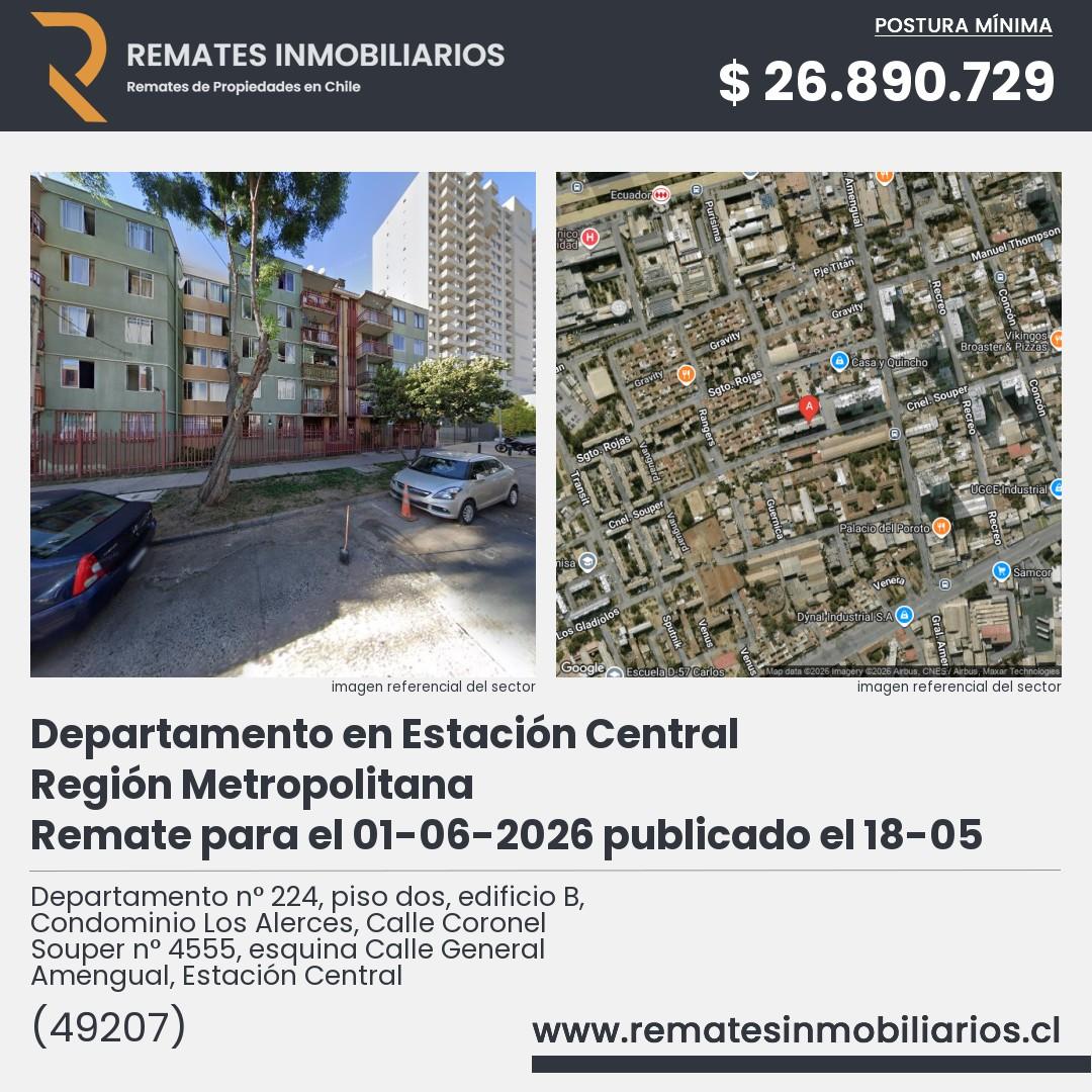 Imagen ficha Departamento n° 224, piso dos, edificio B, Condominio Los Alerces, Calle Coronel Souper n° 4555, esquina Calle General Amengual, Estación Central