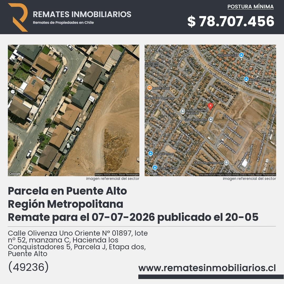 Imagen ficha Calle Olivenza Uno Oriente N° 01897, lote nº 52, manzana C, Hacienda los Conquistadores 5, Parcela J, Etapa dos, Puente Alto