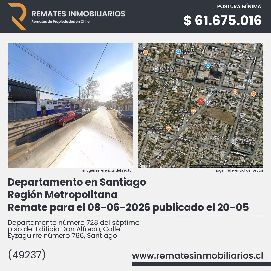 Imagen ficha Departamento número 728 del séptimo piso del Edificio Don Alfredo, Calle Eyzaguirre número 766, Santiago