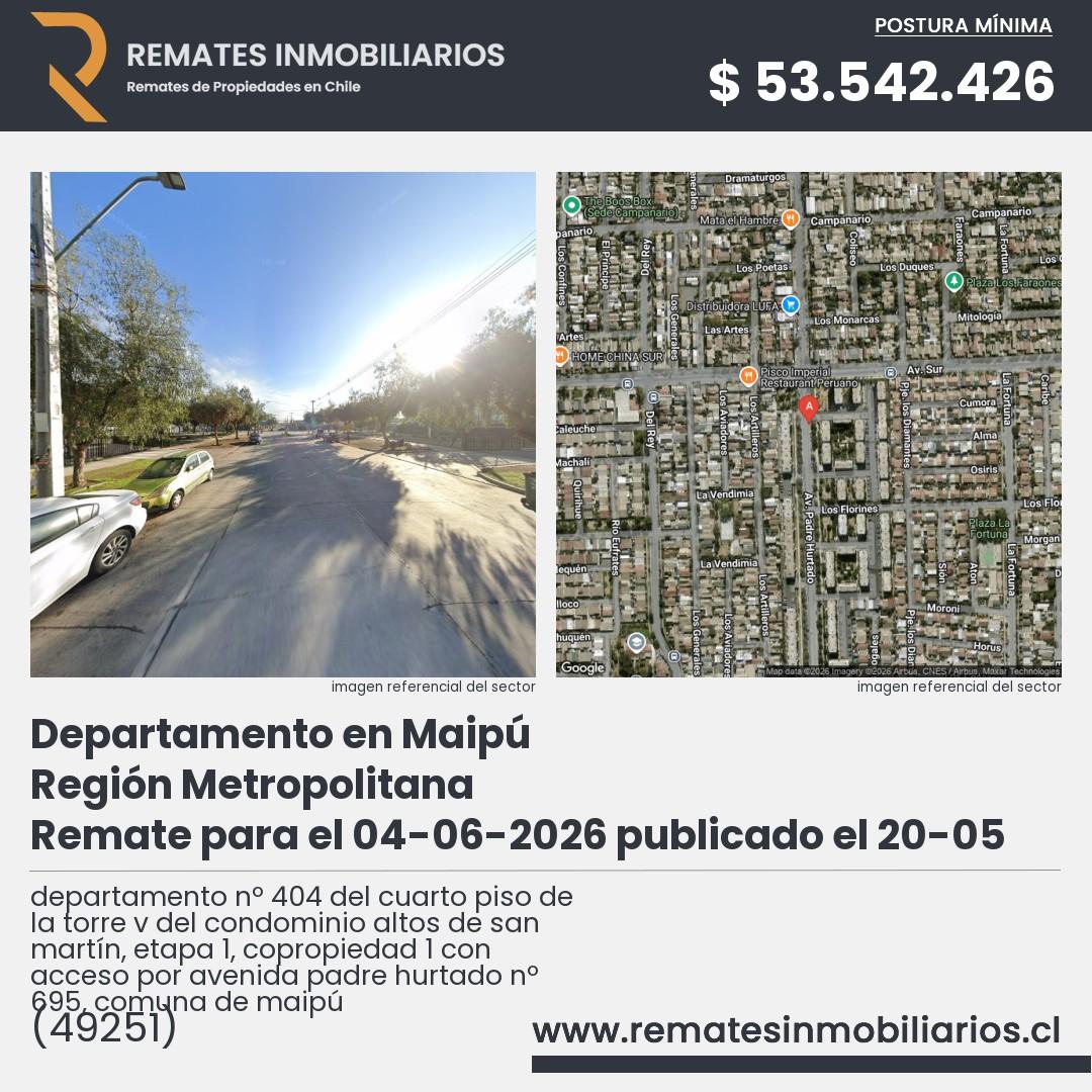 Imagen ficha departamento nº 404 del cuarto piso de la torre v del condominio altos de san martín, etapa 1, copropiedad 1 con acceso por avenida padre hurtado nº 695, comuna de maipú