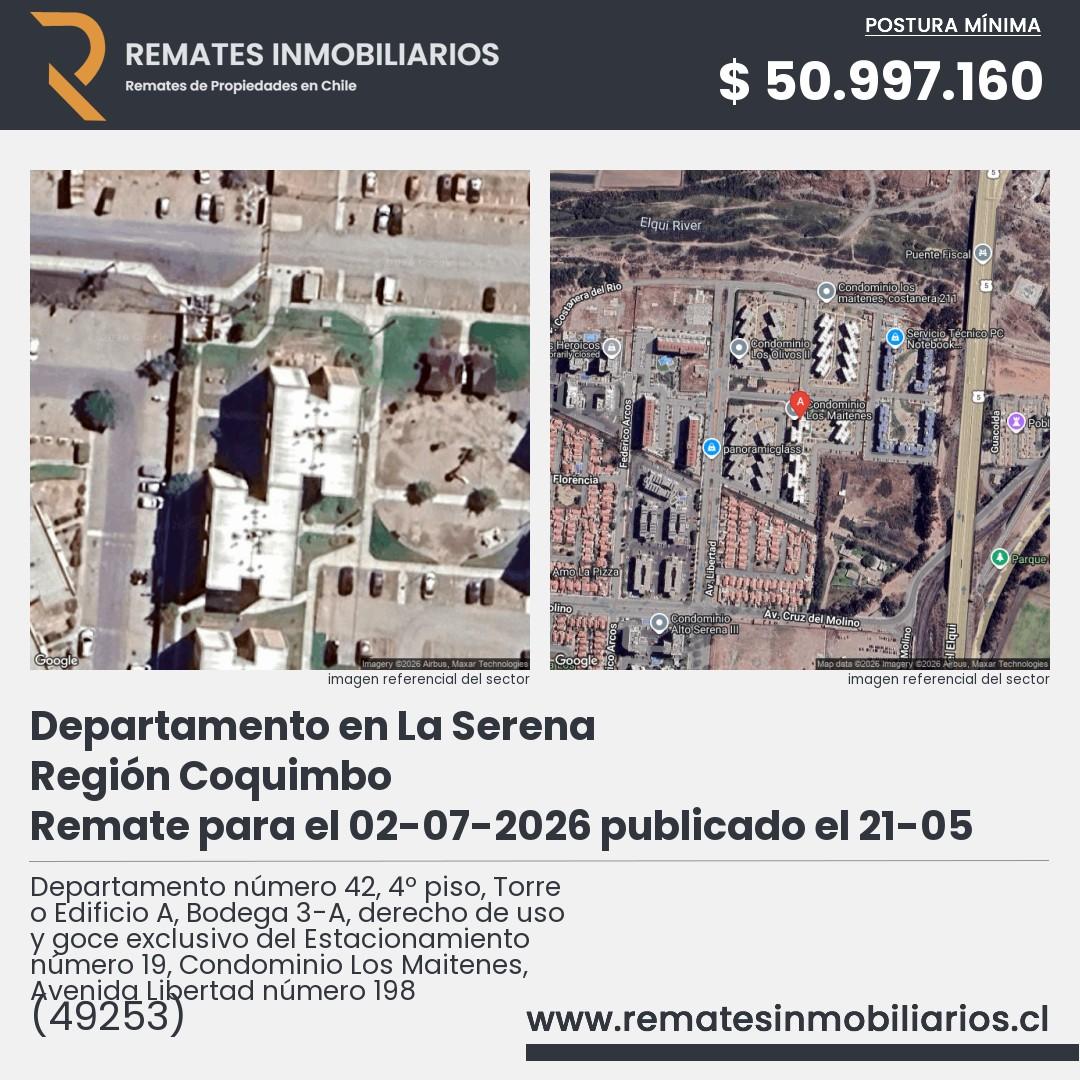 Imagen ficha Departamento número 42, 4º piso, Torre o Edificio A, Bodega 3-A, derecho de uso y goce exclusivo del Estacionamiento número 19, Condominio Los Maitenes, Avenida Libertad número 198
