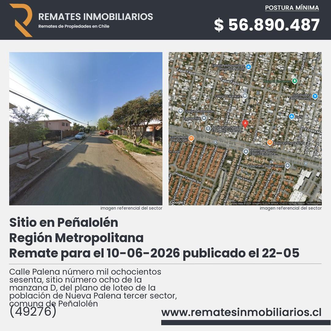 Imagen ficha Calle Palena número mil ochocientos sesenta, sitio número ocho de la manzana D, del plano de loteo de la población de Nueva Palena tercer sector, comuna de Peñalolén