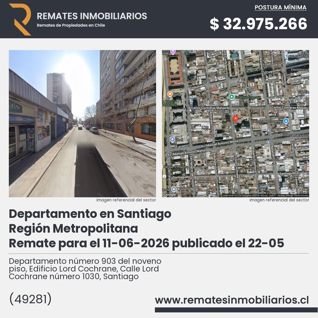 Imagen ficha Departamento número 903 del noveno piso, Edificio Lord Cochrane, Calle Lord Cochrane número 1030, Santiago