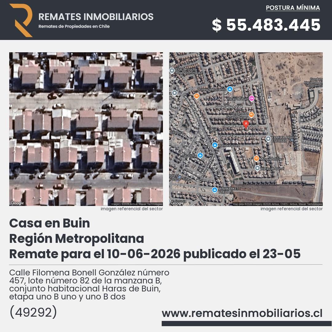 Imagen ficha Calle Filomena Bonell González número 457, lote número 82 de la manzana B, conjunto habitacional Haras de Buin, etapa uno B uno y uno B dos