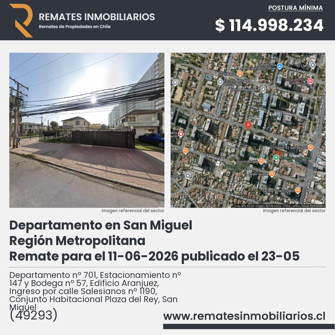 Imagen ficha Departamento nº 701, Estacionamiento nº 147 y Bodega nº 57, Edificio Aranjuez, Ingreso por calle Salesianos nº 1190, Conjunto Habitacional Plaza del Rey, San Miguel