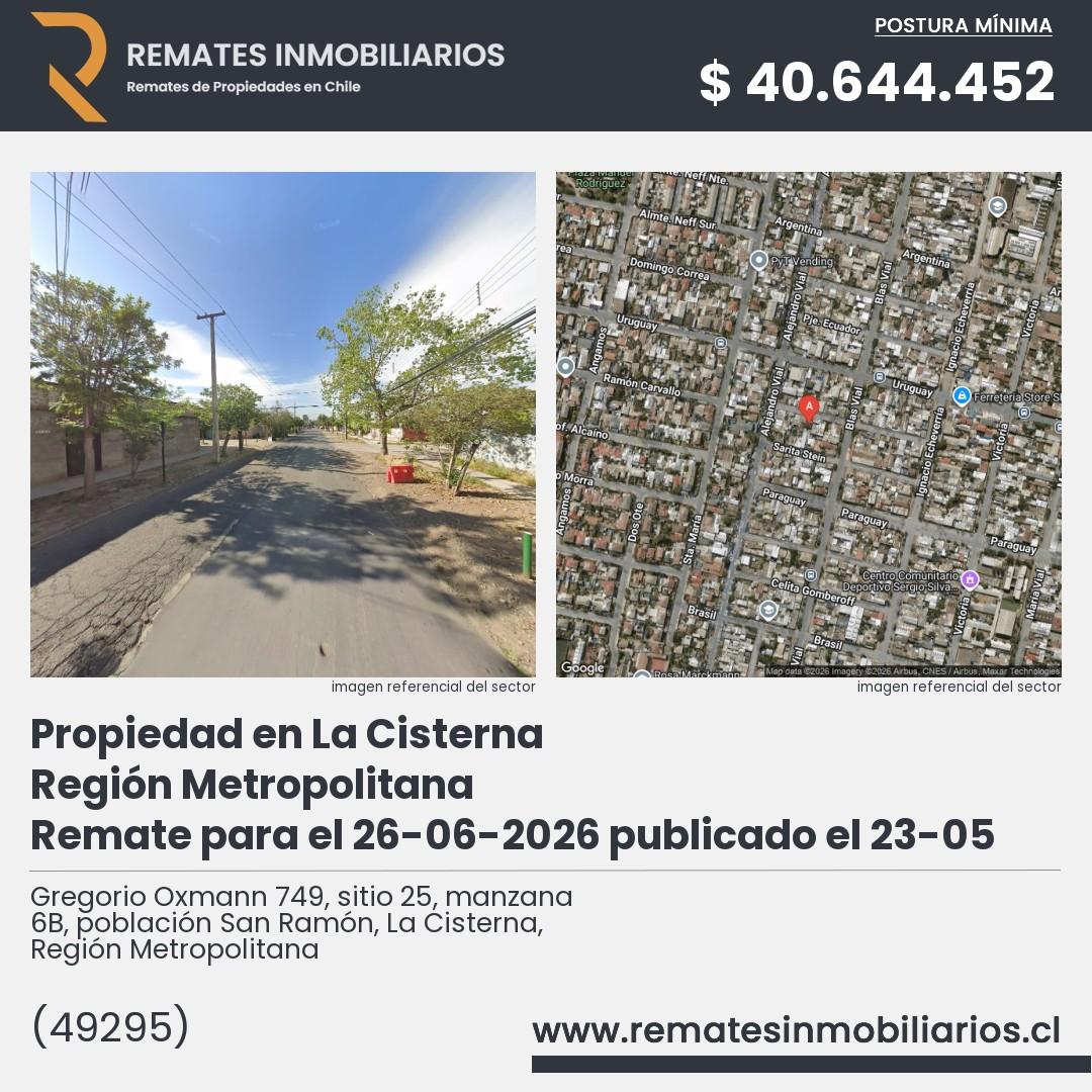 Imagen ficha Gregorio Oxmann 749, sitio 25, manzana 6B, población San Ramón, La Cisterna, Región Metropolitana