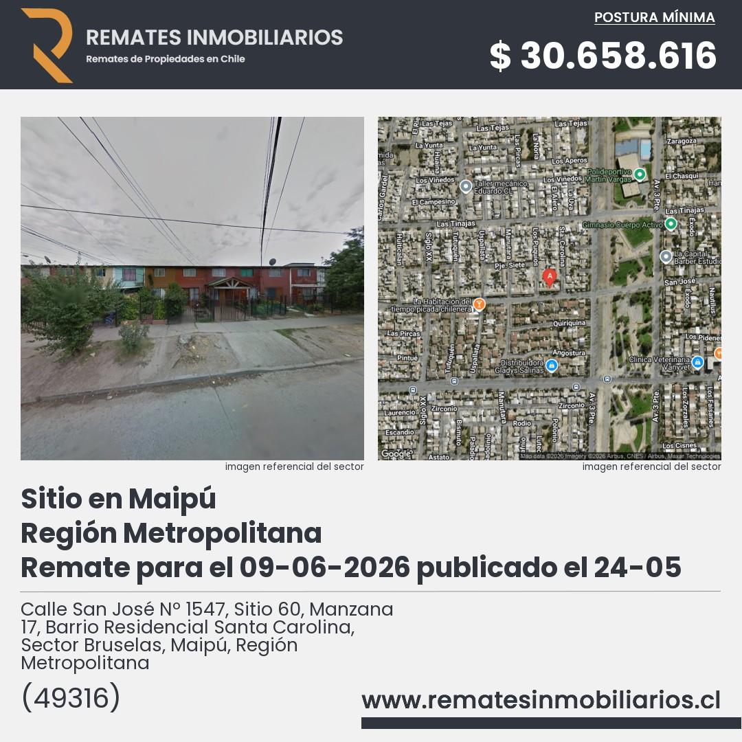 Imagen ficha Calle San José Nº 1547, Sitio 60, Manzana 17, Barrio Residencial Santa Carolina, Sector Bruselas, Maipú, Región Metropolitana