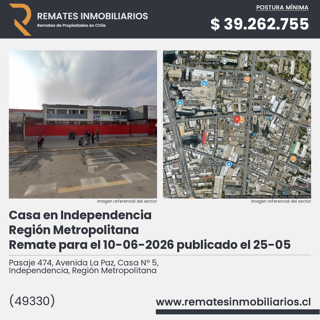 Imagen ficha Pasaje 474, Avenida La Paz, Casa Nº 5, Independencia, Región Metropolitana