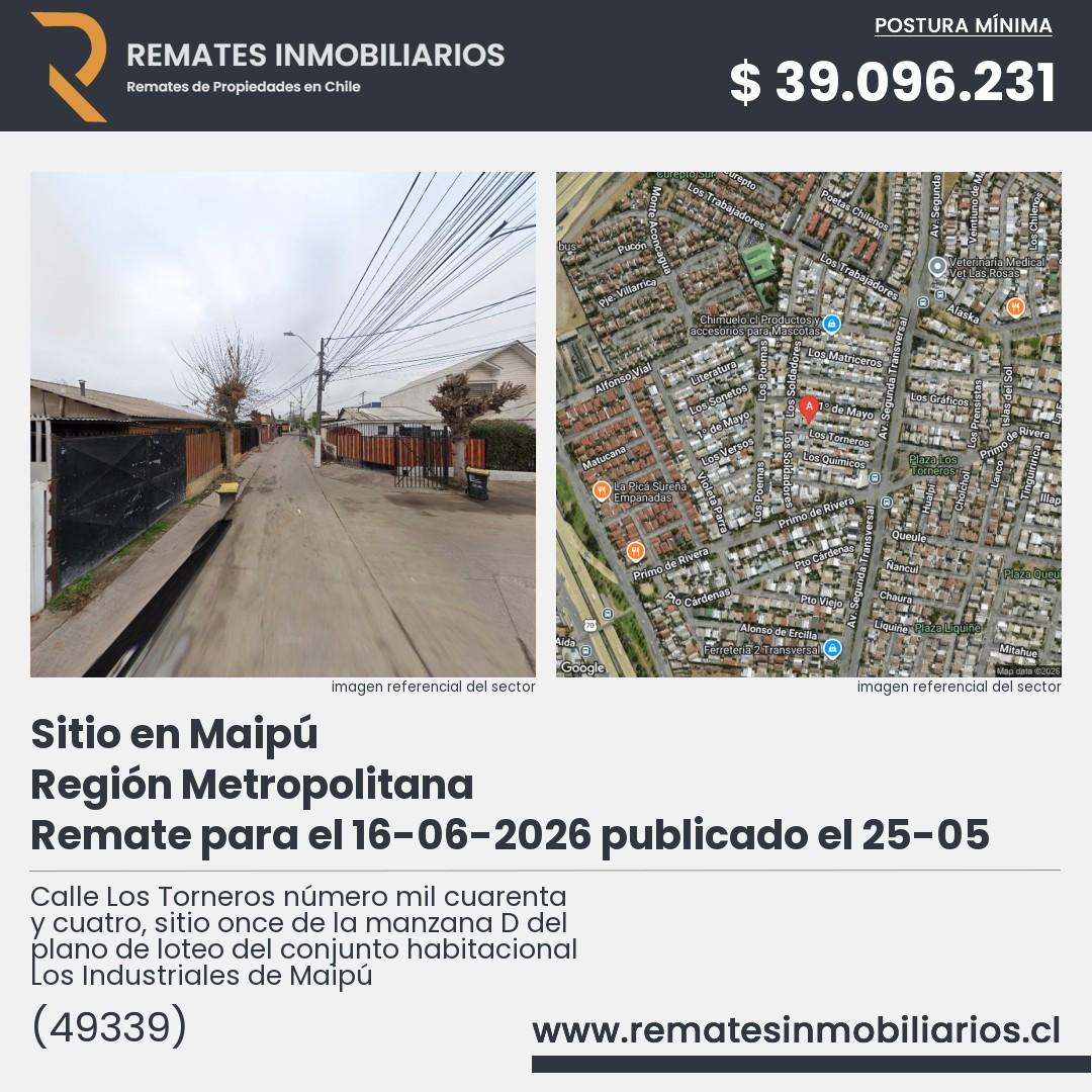 Imagen ficha Calle Los Torneros número mil cuarenta y cuatro, sitio once de la manzana D del plano de loteo del conjunto habitacional Los Industriales de Maipú
