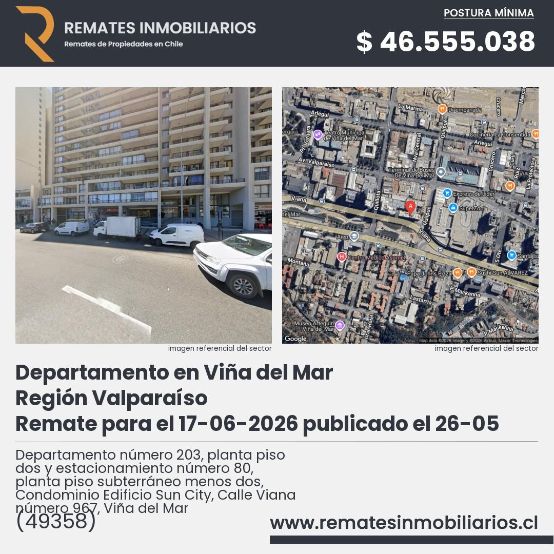 Imagen ficha Departamento número 203, planta piso dos y estacionamiento número 80, planta piso subterráneo menos dos, Condominio Edificio Sun City, Calle Viana número 967, Viña del Mar