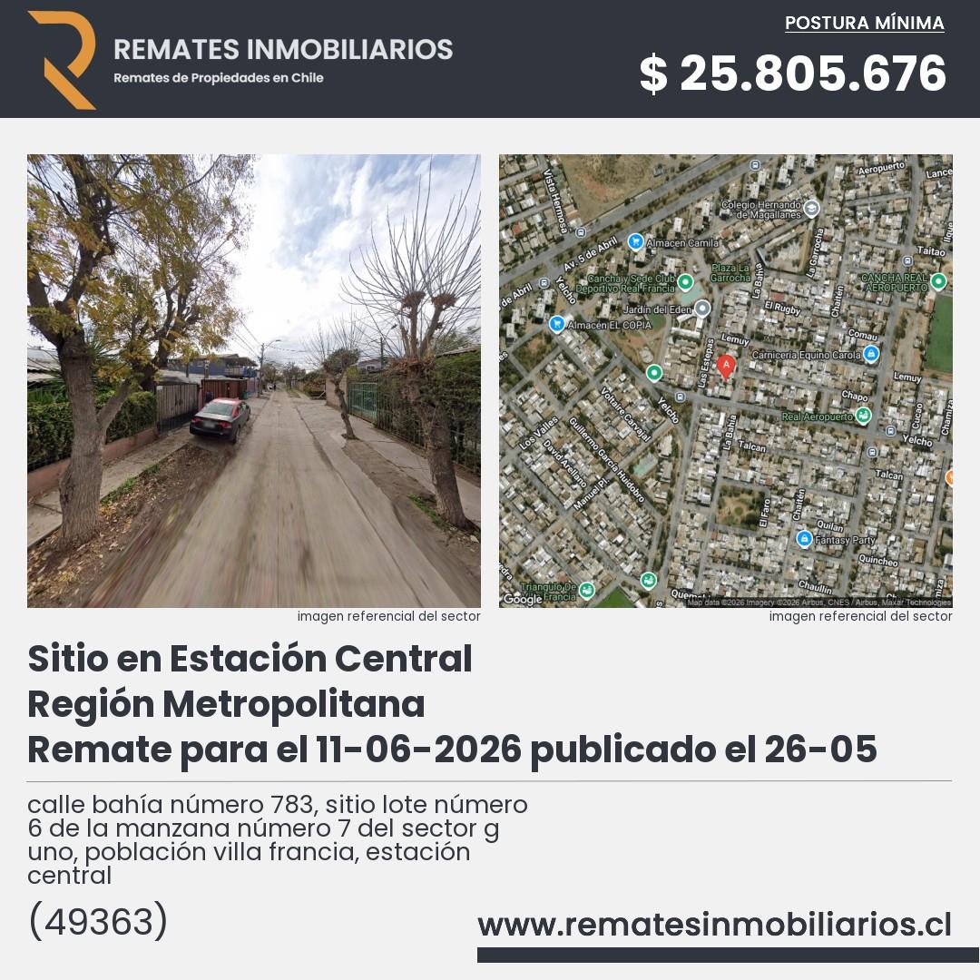 Imagen ficha calle bahía número 783, sitio lote número 6 de la manzana número 7 del sector g uno, población villa francia, estación central