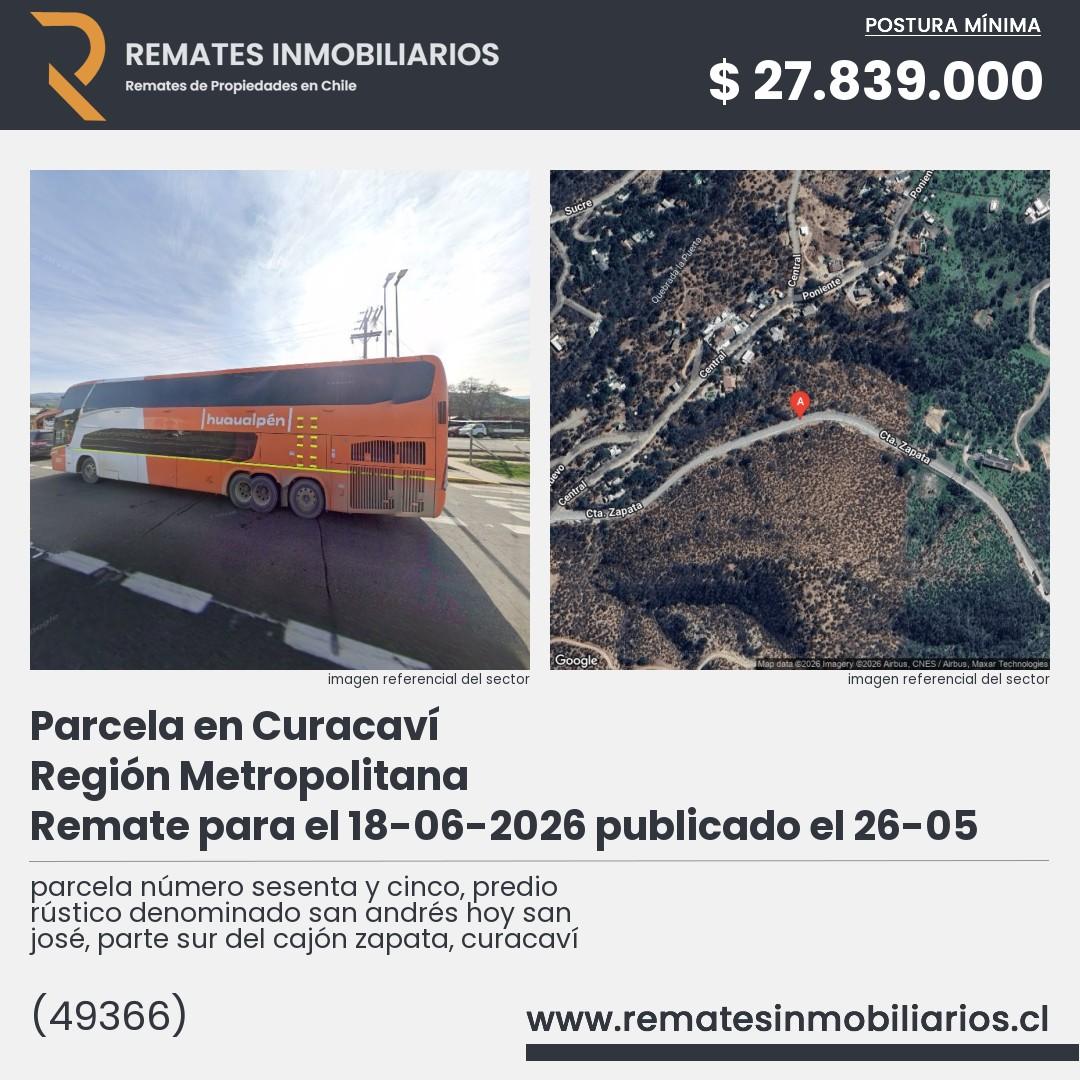 Imagen ficha parcela número sesenta y cinco, predio rústico denominado san andrés hoy san josé, parte sur del cajón zapata, curacaví