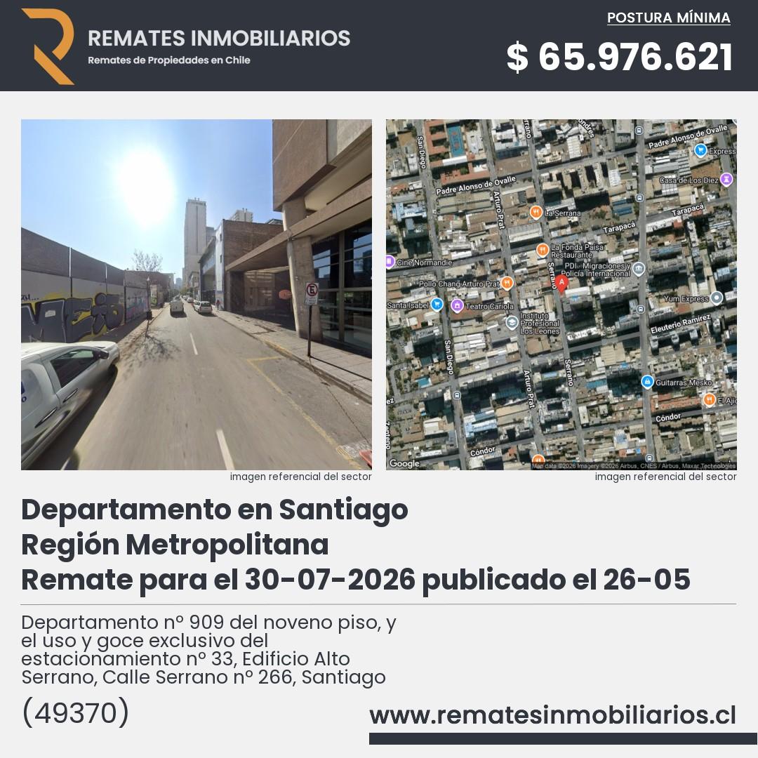 Imagen ficha Departamento nº 909 del noveno piso, y el uso y goce exclusivo del estacionamiento nº 33, Edificio Alto Serrano, Calle Serrano nº 266, Santiago