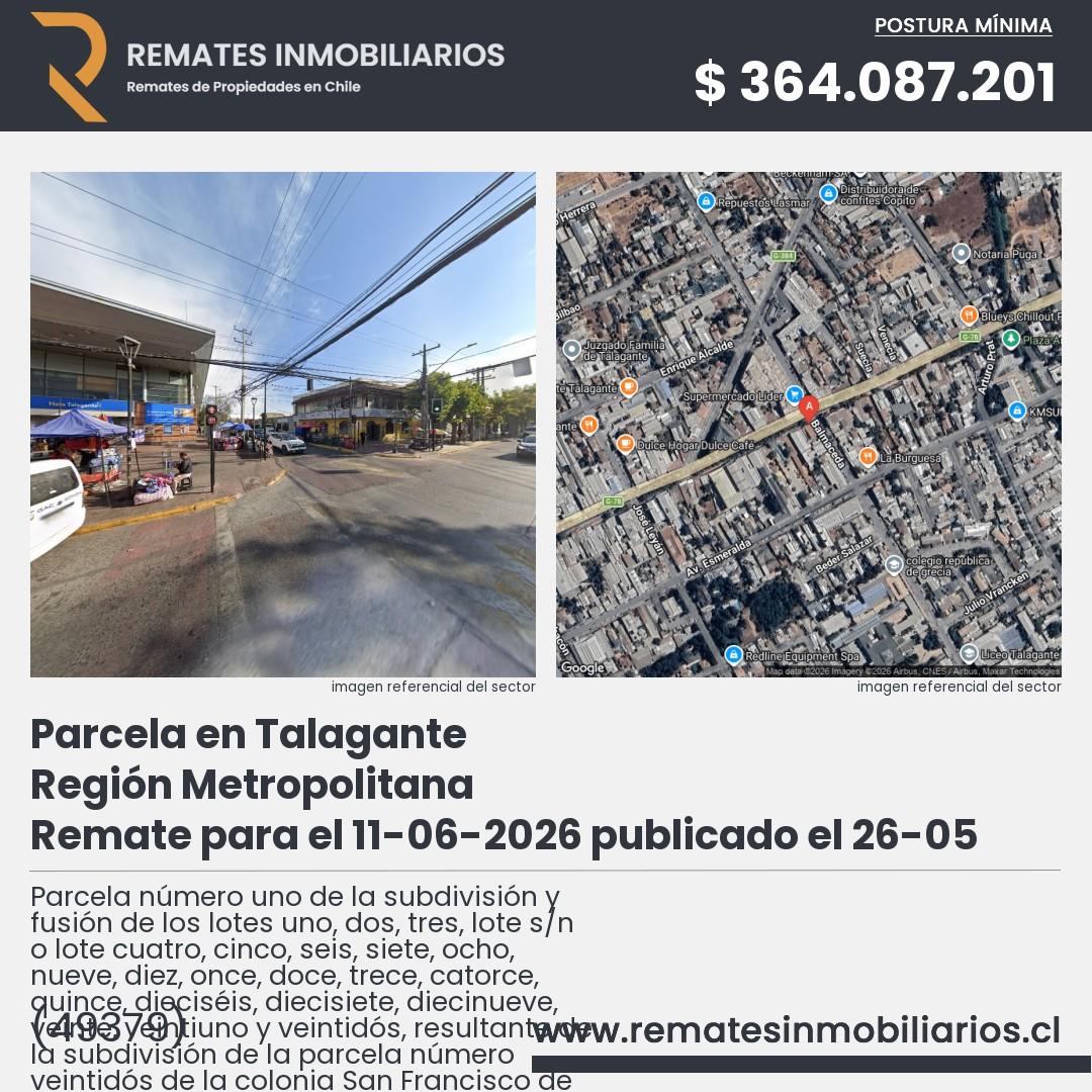 Imagen ficha Parcela número uno de la subdivisión y fusión de los lotes uno, dos, tres, lote s/n o lote cuatro, cinco, seis, siete, ocho, nueve, diez, once, doce, trece, catorce, quince, dieciséis, diecisiete, diecinueve, veinte, veintiuno y veintidós, resultante de la subdivisión de la parcela número veintidós de la colonia San Francisco de Paula o chacra Santa Adriana