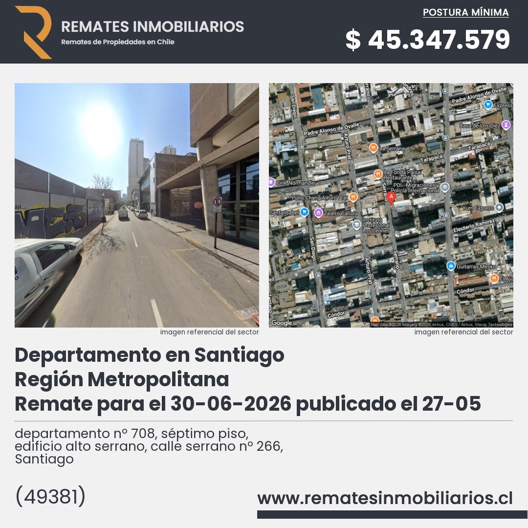 Imagen ficha departamento nº 708, séptimo piso, edificio alto serrano, calle serrano nº 266, Santiago