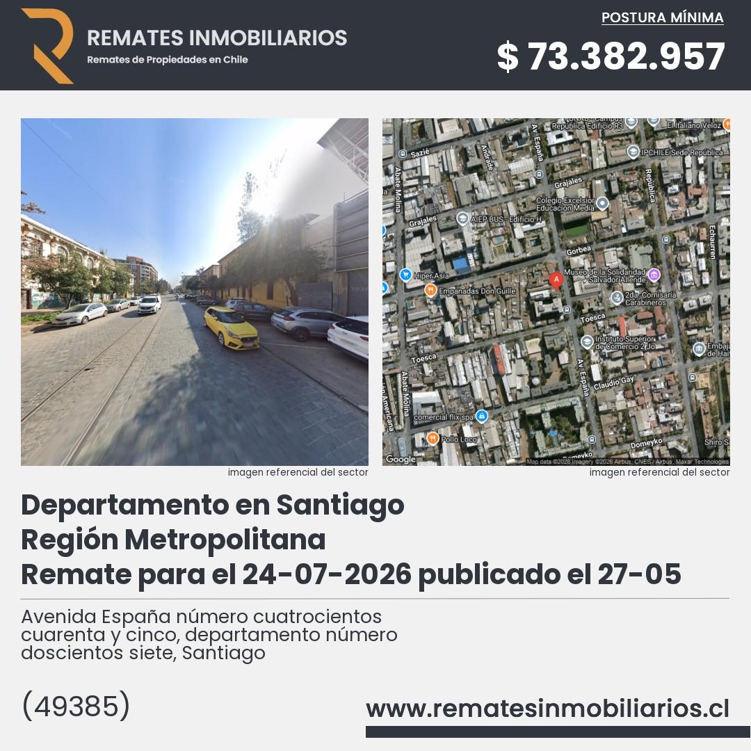 Imagen ficha Avenida España número cuatrocientos cuarenta y cinco, departamento número doscientos siete, Santiago