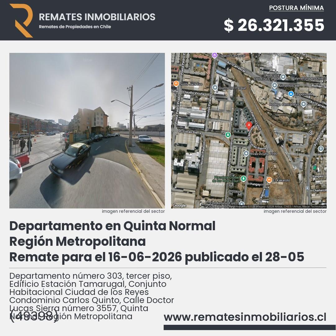 Imagen ficha Departamento número 303, tercer piso, Edificio Estación Tamarugal, Conjunto Habitacional Ciudad de los Reyes Condominio Carlos Quinto, Calle Doctor Lucas Sierra número 3557, Quinta Normal, Región Metropolitana