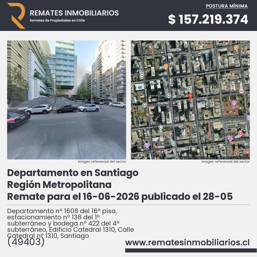 Imagen ficha Departamento nº 1608 del 16º piso, estacionamiento nº 138 del 1º subterráneo y bodega nº 422 del 4º subterráneo, Edificio Catedral 1310, Calle Catedral nº 1310, Santiago