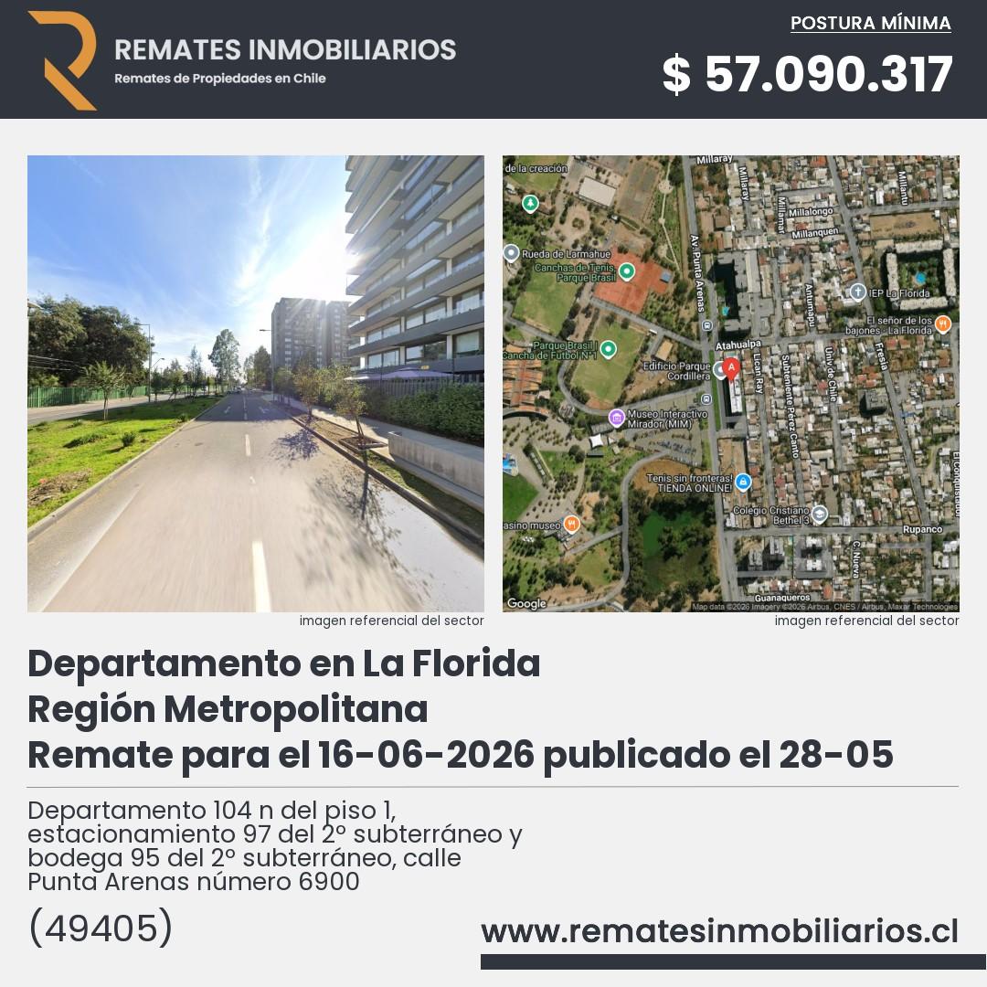 Imagen ficha Departamento 104 n del piso 1, estacionamiento 97 del 2º subterráneo y bodega 95 del 2º subterráneo, calle Punta Arenas número 6900