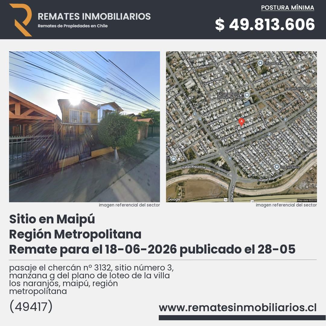 Imagen ficha pasaje el chercán nº  3132, sitio número 3, manzana g del plano de loteo de la villa los naranjos, maipú, región metropolitana