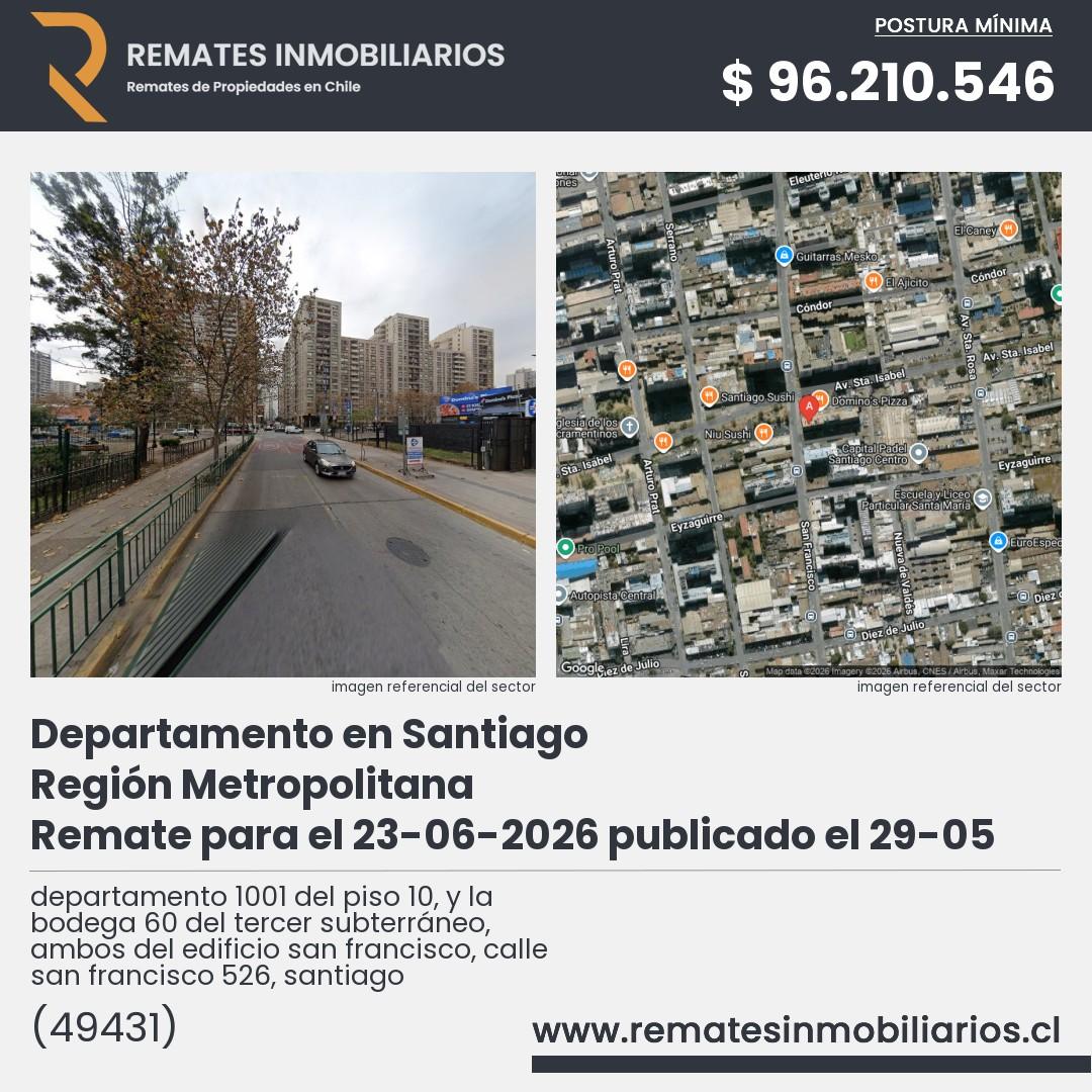 Imagen ficha departamento 1001 del piso 10, y la bodega 60 del tercer subterráneo, ambos del edificio san francisco, calle san francisco 526, santiago