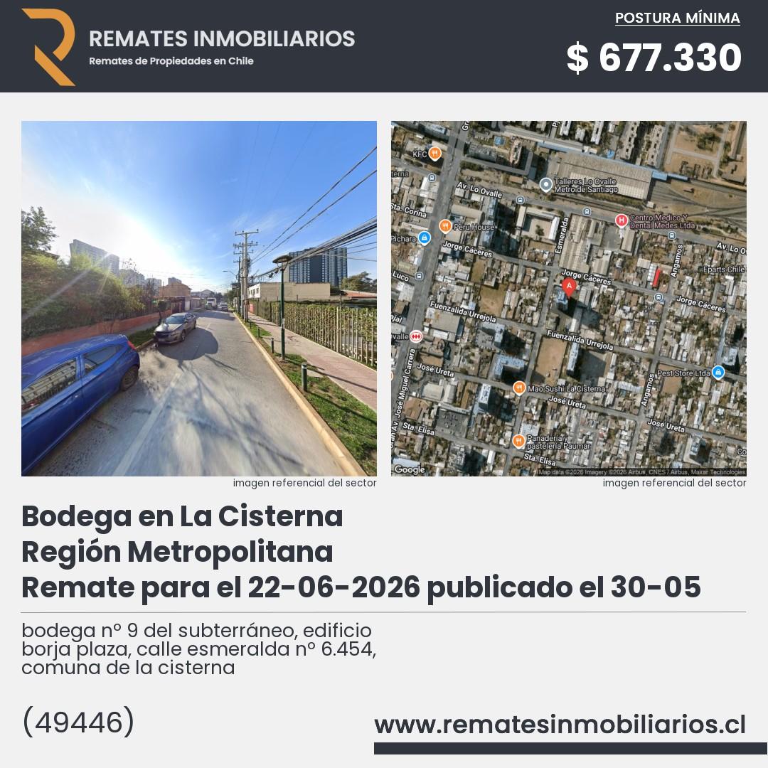 Imagen ficha bodega nº 9 del subterráneo, edificio borja plaza, calle esmeralda nº 6.454, comuna de la cisterna