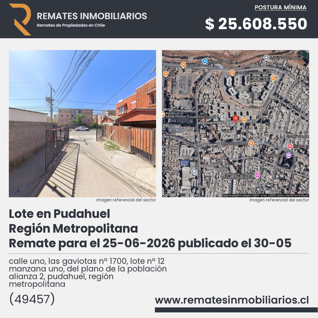 Imagen ficha calle uno, las gaviotas nº 1700, lote nº 12 manzana uno, del plano de la población alianza 2, pudahuel, región metropolitana