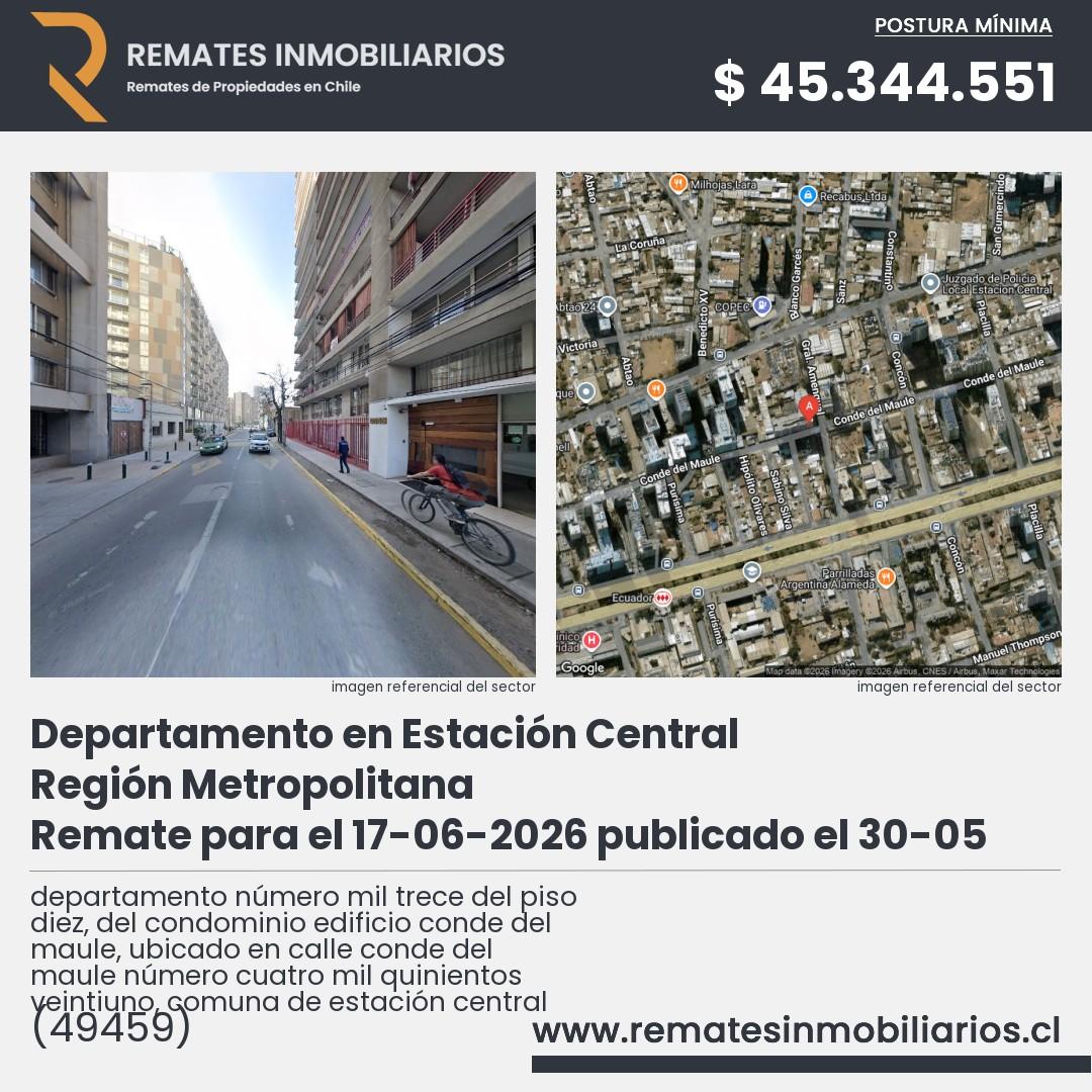Imagen ficha departamento número mil trece del piso diez, del condominio edificio conde del maule, ubicado en calle conde del maule número cuatro mil quinientos veintiuno, comuna de estación central