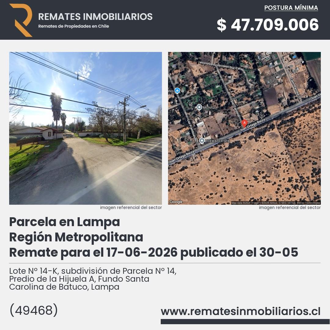 Imagen ficha Lote Nº 14-K, subdivisión de Parcela Nº 14, Predio de la Hijuela A, Fundo Santa Carolina de Batuco, Lampa