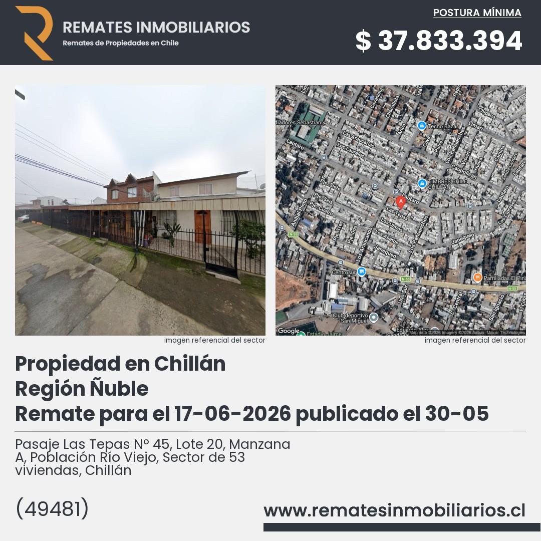 Imagen ficha Pasaje Las Tepas Nº 45, Lote 20, Manzana A, Población Río Viejo, Sector de 53 viviendas, Chillán