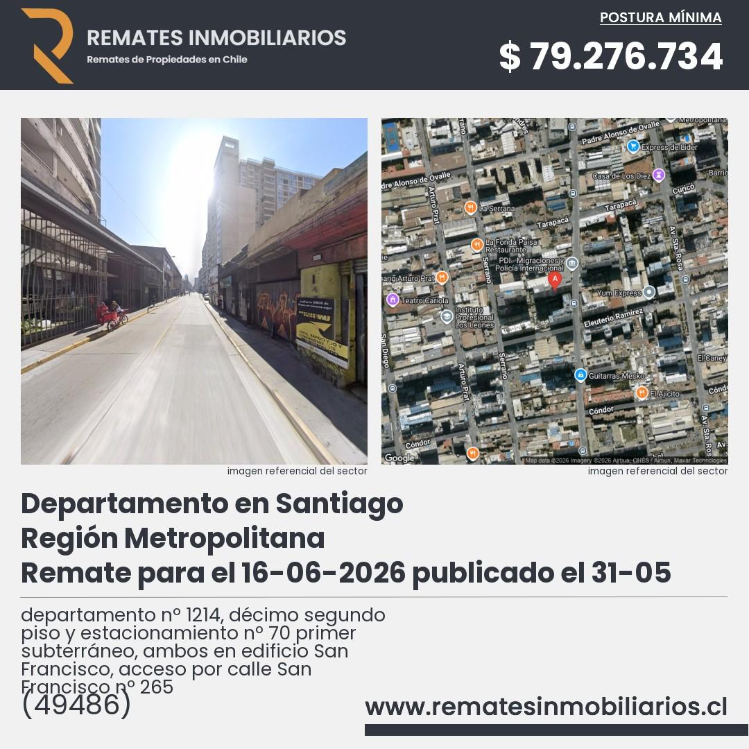 Imagen ficha departamento nº 1214, décimo segundo piso y estacionamiento nº 70 primer subterráneo, ambos en edificio San Francisco, acceso por calle San Francisco nº 265