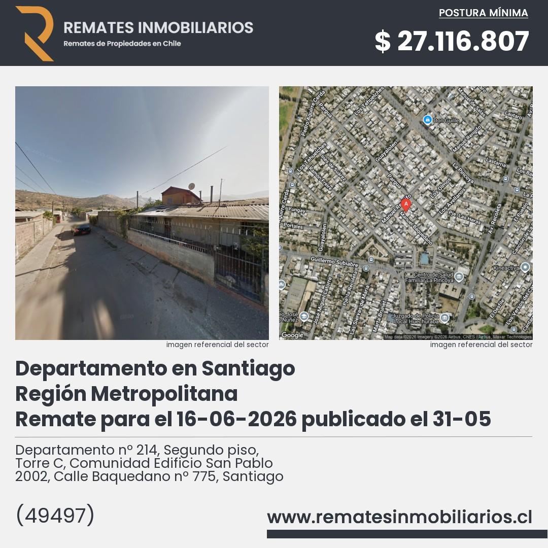 Imagen ficha Departamento nº 214, Segundo piso, Torre C, Comunidad Edificio San Pablo 2002, Calle Baquedano nº 775, Santiago