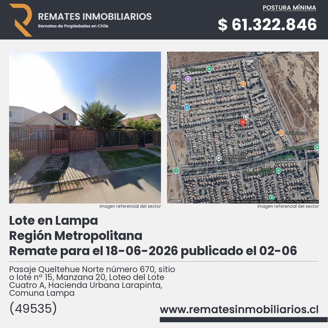 Imagen ficha Pasaje Queltehue Norte número 670, sitio o lote nº 15, Manzana 20, Loteo del Lote Cuatro A, Hacienda Urbana Larapinta, Comuna Lampa