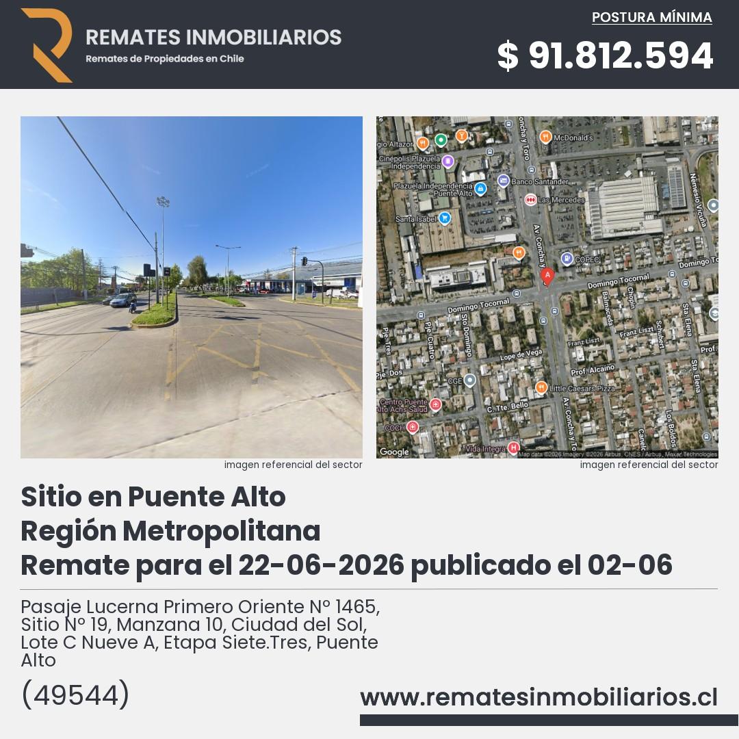 Imagen ficha Pasaje Lucerna Primero Oriente Nº 1465, Sitio Nº 19, Manzana 10, Ciudad del Sol, Lote C Nueve A, Etapa Siete.Tres, Puente Alto