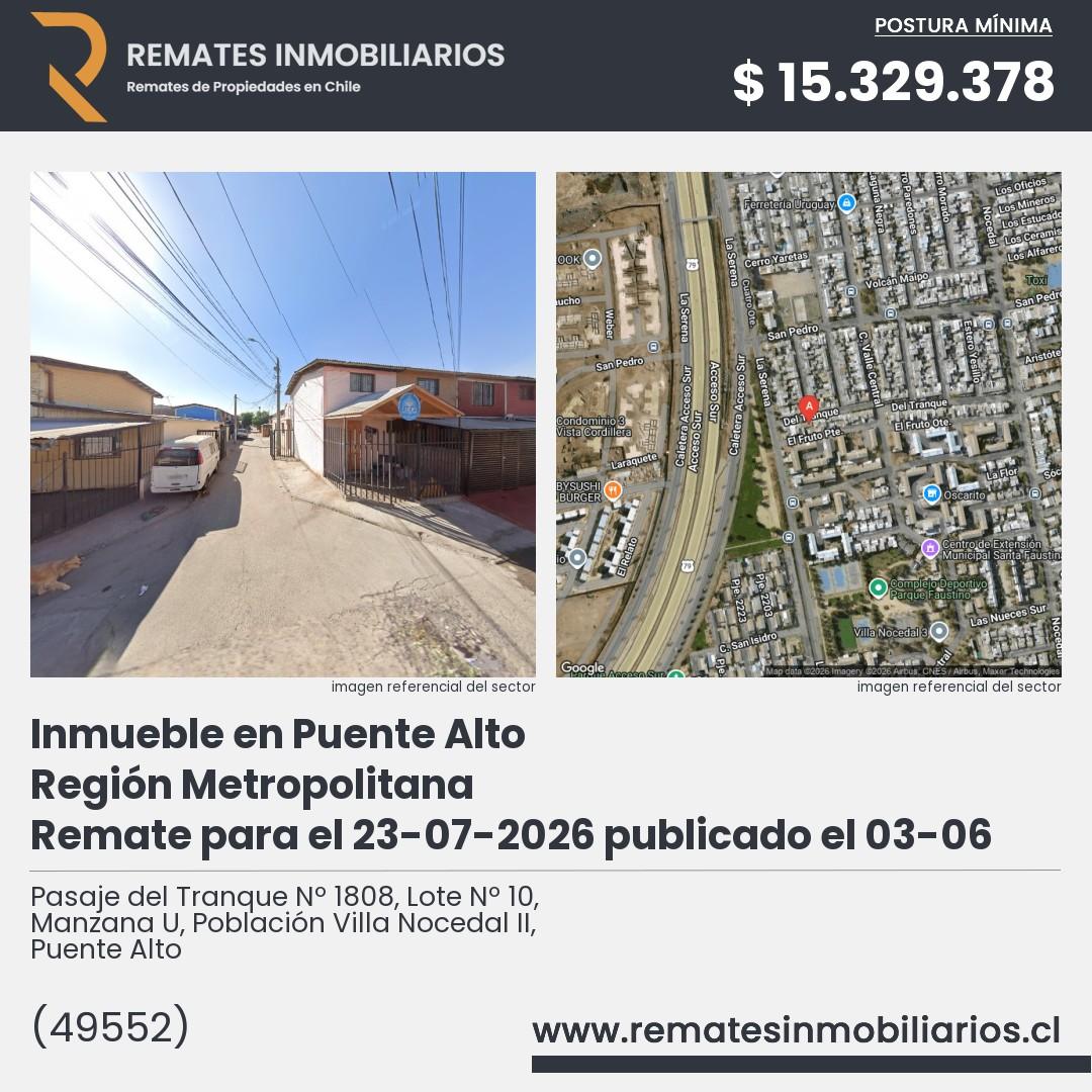 Imagen ficha Pasaje del Tranque Nº 1808, Lote Nº 10, Manzana U, Población Villa Nocedal II, Puente Alto