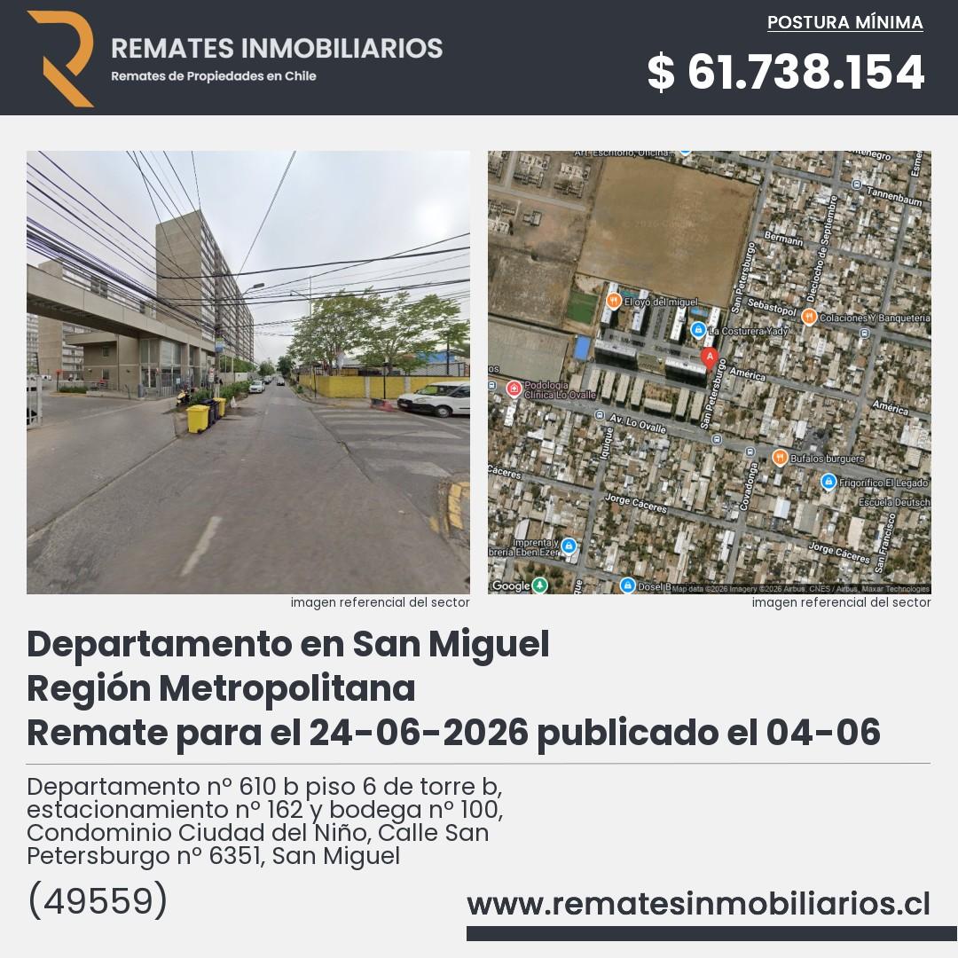 Imagen ficha Departamento nº 610 b piso 6 de torre b, estacionamiento nº 162 y bodega nº 100, Condominio Ciudad del Niño, Calle San Petersburgo nº 6351, San Miguel