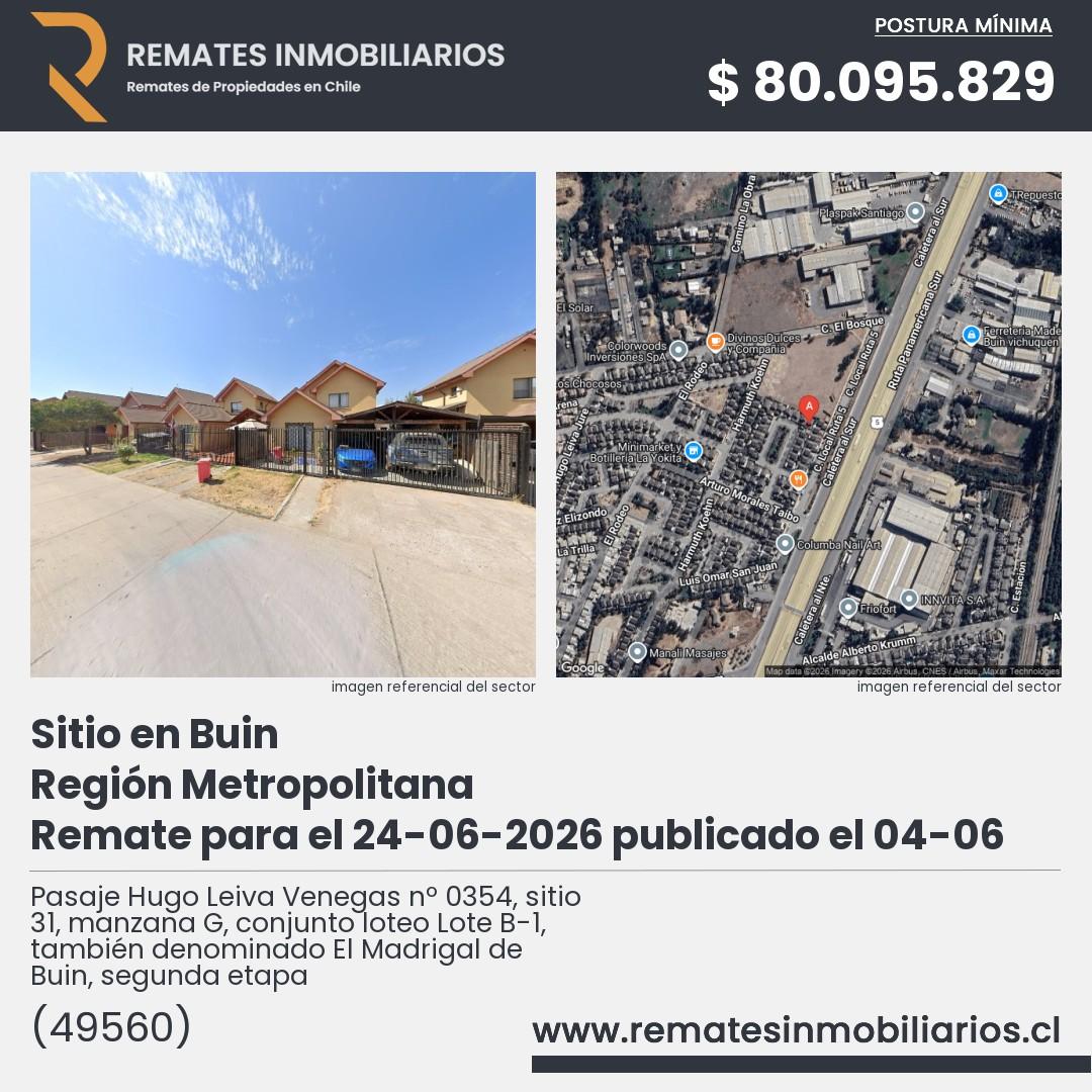 Imagen ficha Pasaje Hugo Leiva Venegas nº 0354, sitio 31, manzana G, conjunto loteo Lote B-1, también denominado El Madrigal de Buin, segunda etapa