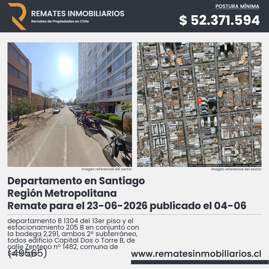 Imagen ficha departamento B 1304 del 13er piso y el estacionamiento 205 B en conjunto con la bodega 2.291, ambos 2º subterráneo, todos edificio Capital Dos o Torre B, de calle Zenteno nº 1482, comuna de Santiago