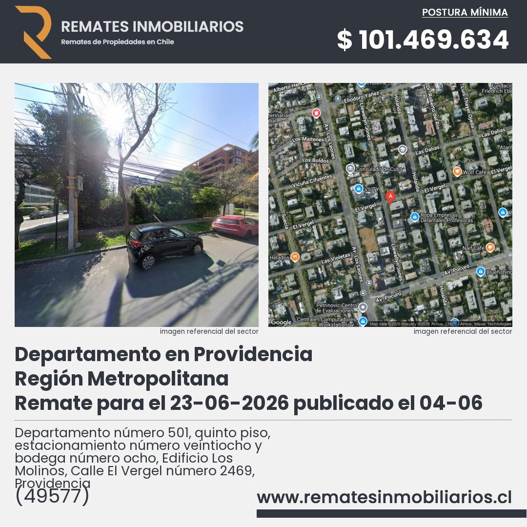 Imagen ficha Departamento número 501, quinto piso, estacionamiento número veintiocho y bodega número ocho, Edificio Los Molinos, Calle El Vergel número 2469, Providencia