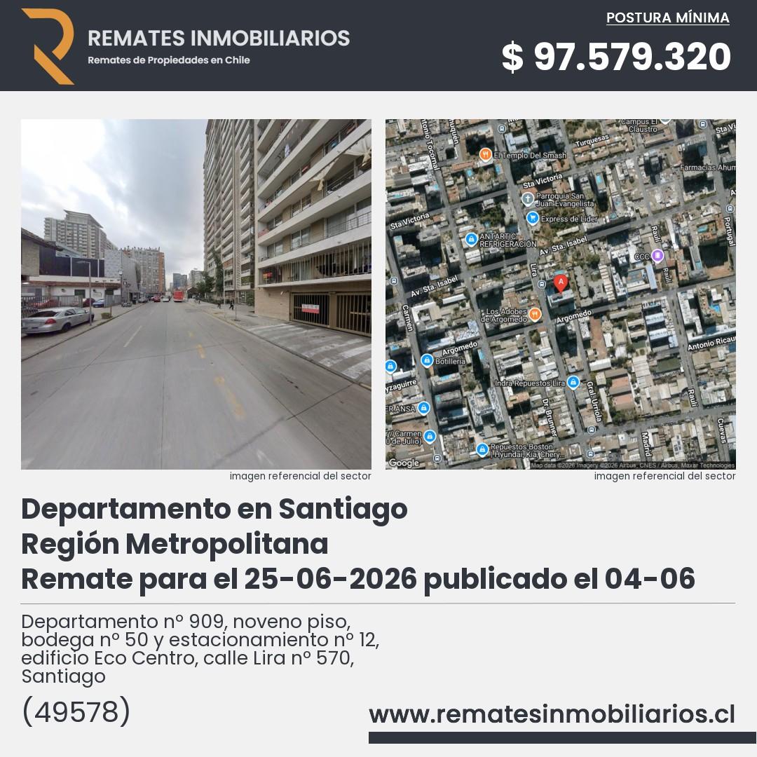Imagen ficha Departamento nº 909, noveno piso, bodega nº 50 y estacionamiento nº 12, edificio Eco Centro, calle Lira nº 570, Santiago