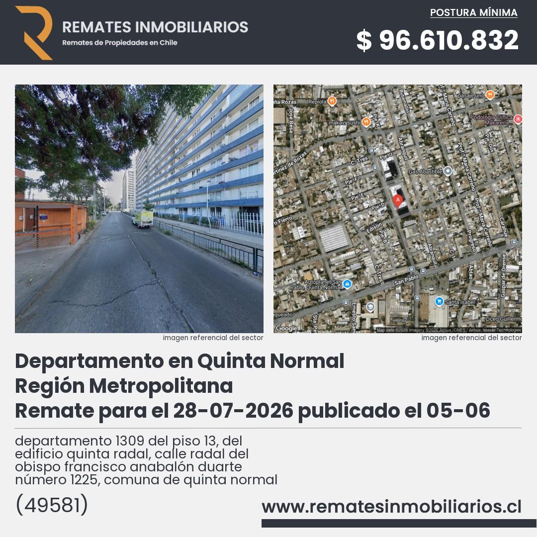Imagen ficha departamento 1309 del piso 13, del edificio quinta radal, calle radal del obispo francisco anabalón duarte número 1225, comuna de quinta normal