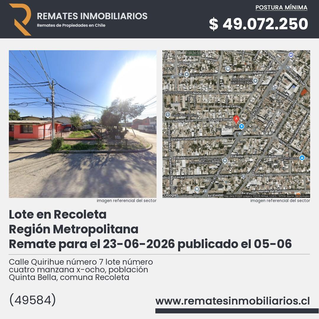 Imagen ficha Calle Quirihue número 7 lote número cuatro manzana x-ocho, población Quinta Bella, comuna Recoleta