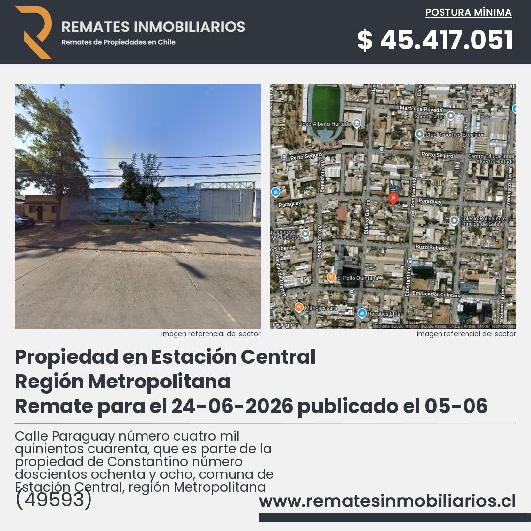 Imagen ficha Calle Paraguay número cuatro mil quinientos cuarenta, que es parte de la propiedad de Constantino número doscientos ochenta y ocho, comuna de Estación Central, región Metropolitana