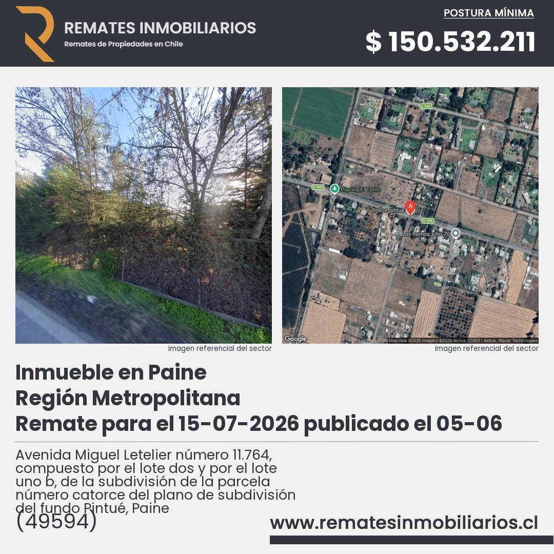 Imagen ficha Avenida Miguel Letelier número 11.764, compuesto por el lote dos y por el lote uno b, de la subdivisión de la parcela número catorce del plano de subdivisión del fundo Pintué, Paine