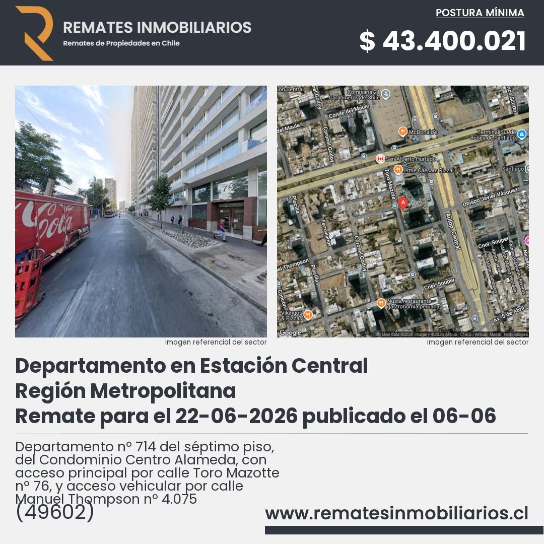 Imagen ficha Departamento nº 714 del séptimo piso, del Condominio Centro Alameda, con acceso principal por calle Toro Mazotte nº 76, y acceso vehicular por calle Manuel Thompson nº 4.075