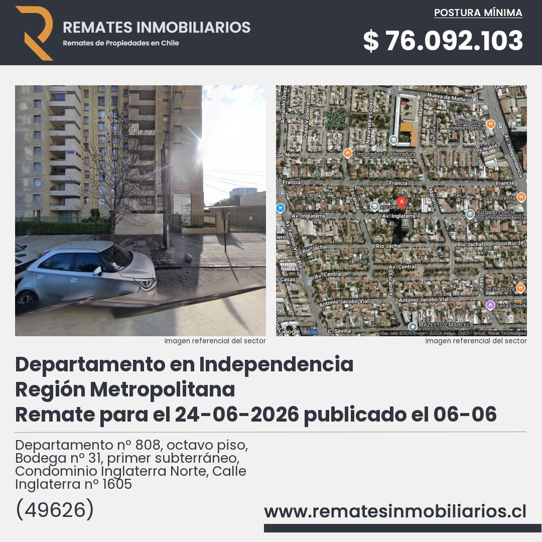Imagen ficha Departamento nº 808, octavo piso, Bodega nº 31, primer subterráneo, Condominio Inglaterra Norte, Calle Inglaterra nº 1605