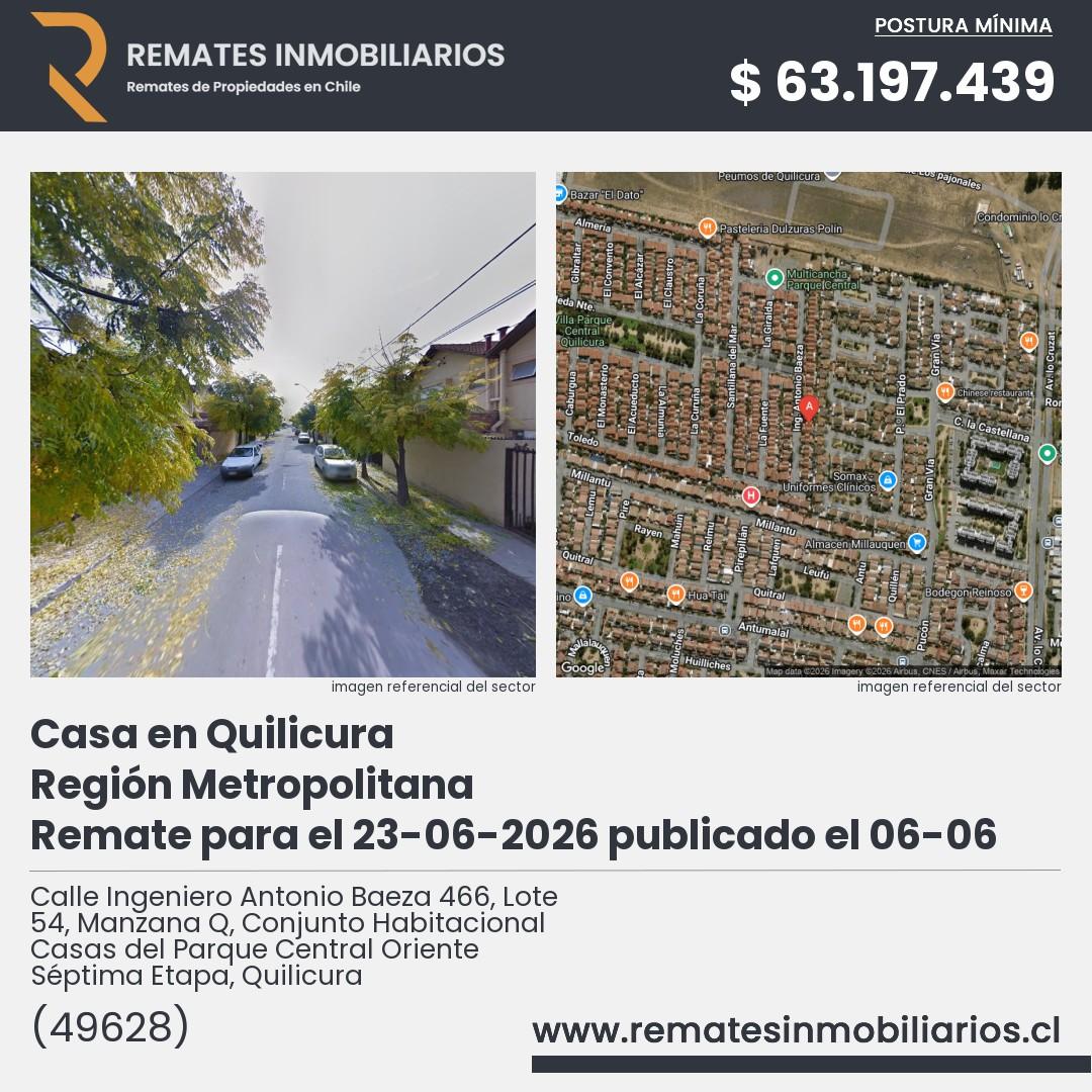 Imagen ficha Calle Ingeniero Antonio Baeza 466, Lote 54, Manzana Q, Conjunto Habitacional Casas del Parque Central Oriente Séptima Etapa, Quilicura