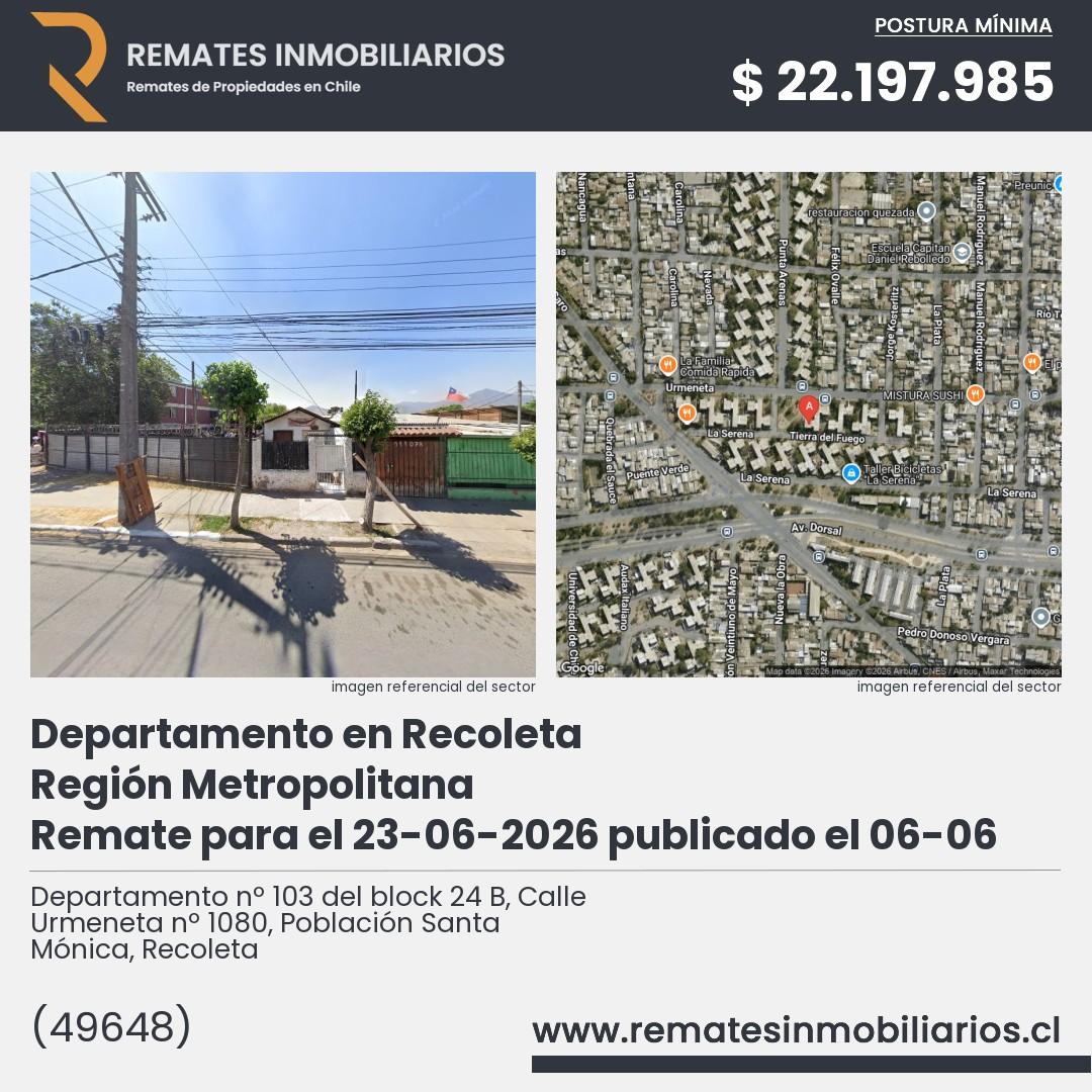 Imagen ficha Departamento nº 103 del block 24 B, Calle Urmeneta nº 1080, Población Santa Mónica, Recoleta